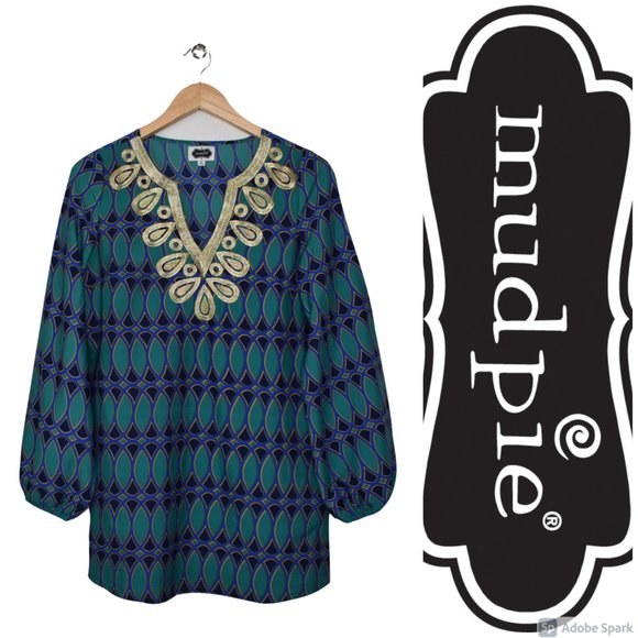 Mud Pie Women's Embroidered Tunic Size Small Flare Sleeve Cover Up Blouse Teal - Picture 2 of 13